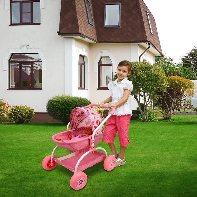 ANIVIA Doll Stroller Toy Realistic Doll Stroller Heart Design Gifts for Toddlers and Girls Foldable Baby Doll Stroller Toy