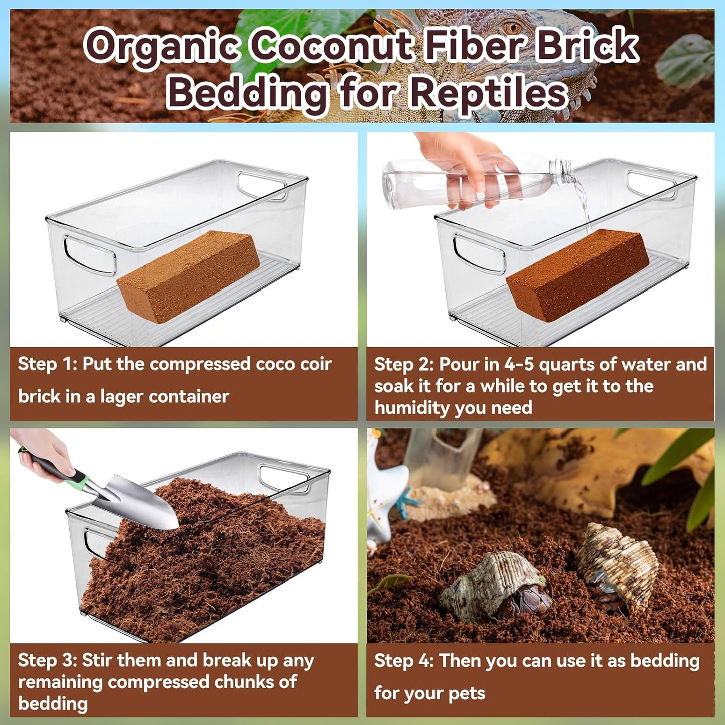 Legigo 4 Pack Compressed Coconut Fiber Substrate - 100% Organic Coconut Fiber Brick Bedding for Reptiles, Natural Coco Husk Substrate Terrarium Bedding for Snake, Hermit Crabs, Frogs, Tortoise, Gecko