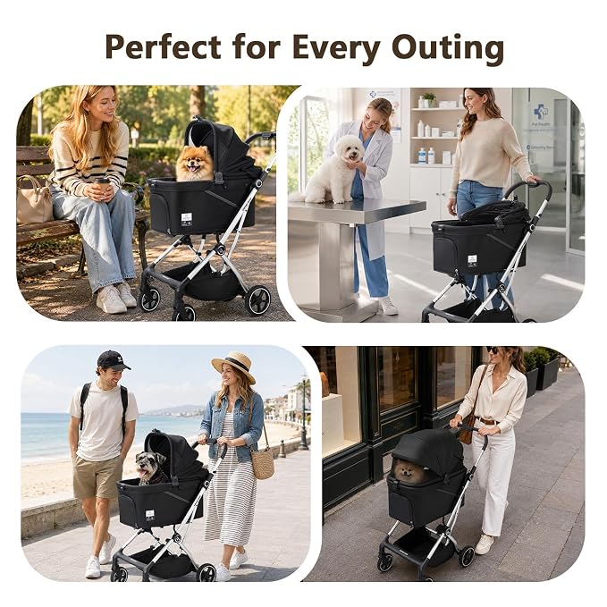 T4 Max Pet Stroller Dog Cat Stroller for Small Medium Dogs Cats, 4 Wheels Travel Folding Carrier Waterproof Puppy Stroller with Pad, Canopy and Cup Holder (T4 Max Black)