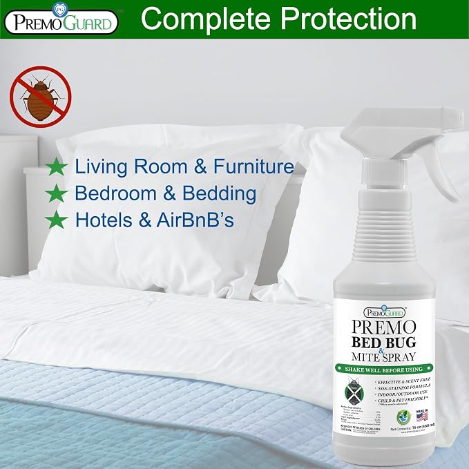 Premo Guard Bed Bug & Mite Killer Spray - 100% Kill Rate Formula, 16 oz | University Tested, Safe for Bedding, Furniture, Fabrics, and Clothing, Non Toxic, Stain & Scent Free, Child & Pet Safe