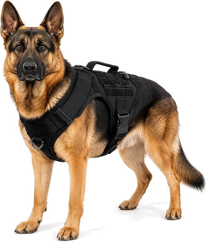 Tactical Dog Harness - Heavy Duty, No-Pull Training Vest for Large Breeds, Military Service Dog Vest with Front Leash Clip, Hook & Loop Panels, Padded Handle – Black, Medium
