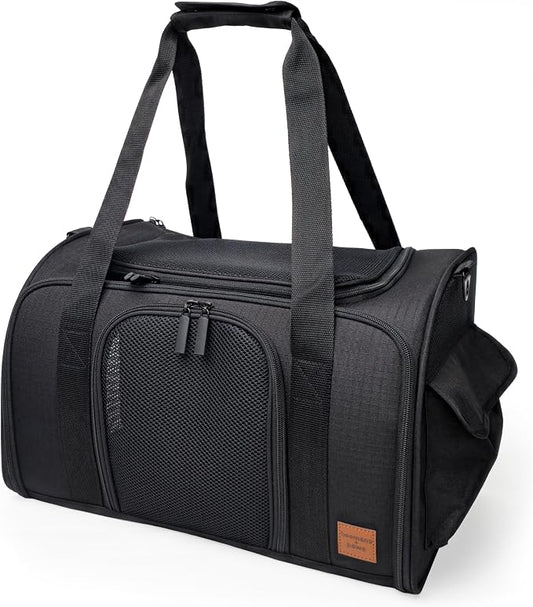 Airline-Approved Pet Carrier with Expandable Pop-Up Mesh Window, Waterproof Bottom & Plush Washable Pad (Black)