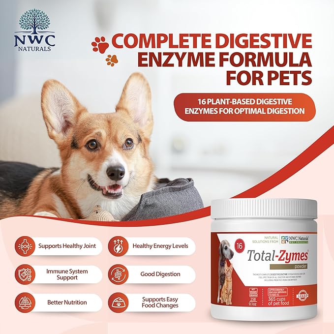 NWC Naturals Total-Zymes Digestive Enzymes for Cats and Dogs, Unflavored, Gut Health with Prebiotic to Support Food Digestion & Absorption, 365 Servings - 8 Ounces