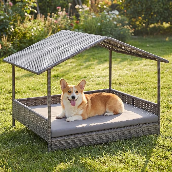 Giantex Outdoor Wicker Dog House with Roof Canopy, Elevated Rattan Dog Bed with Washable Cushion, Weatherproof Patio Pet Bed for Small Medium Dogs, Heavy Duty Metal Frame, 165 lbs, Gray
