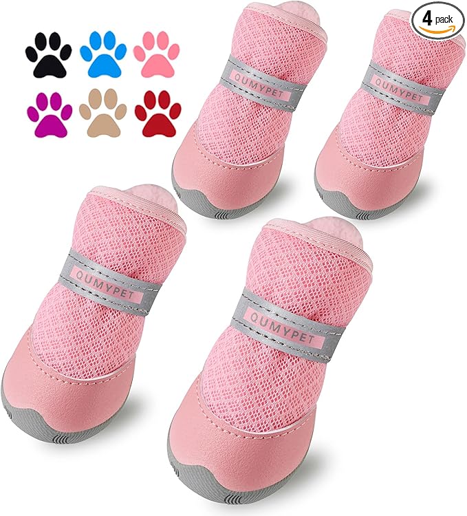 QUMY 4PCS Dog Shoes for Small Dogs, Hot Pavement Summer Puppy Dog Boots & Paw Protectors with Soft Anti-Slip Rubber Sole, Mesh Breathable Dog Booties for Hardfloors, Walking Running Pink Size 2