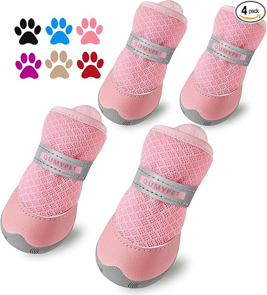 QUMY 4PCS Dog Shoes for Small Dogs, Hot Pavement Summer Puppy Dog Boots & Paw Protectors with Soft Anti-Slip Rubber Sole, Mesh Breathable Dog Booties for Hardfloors, Walking Running Pink Size 1