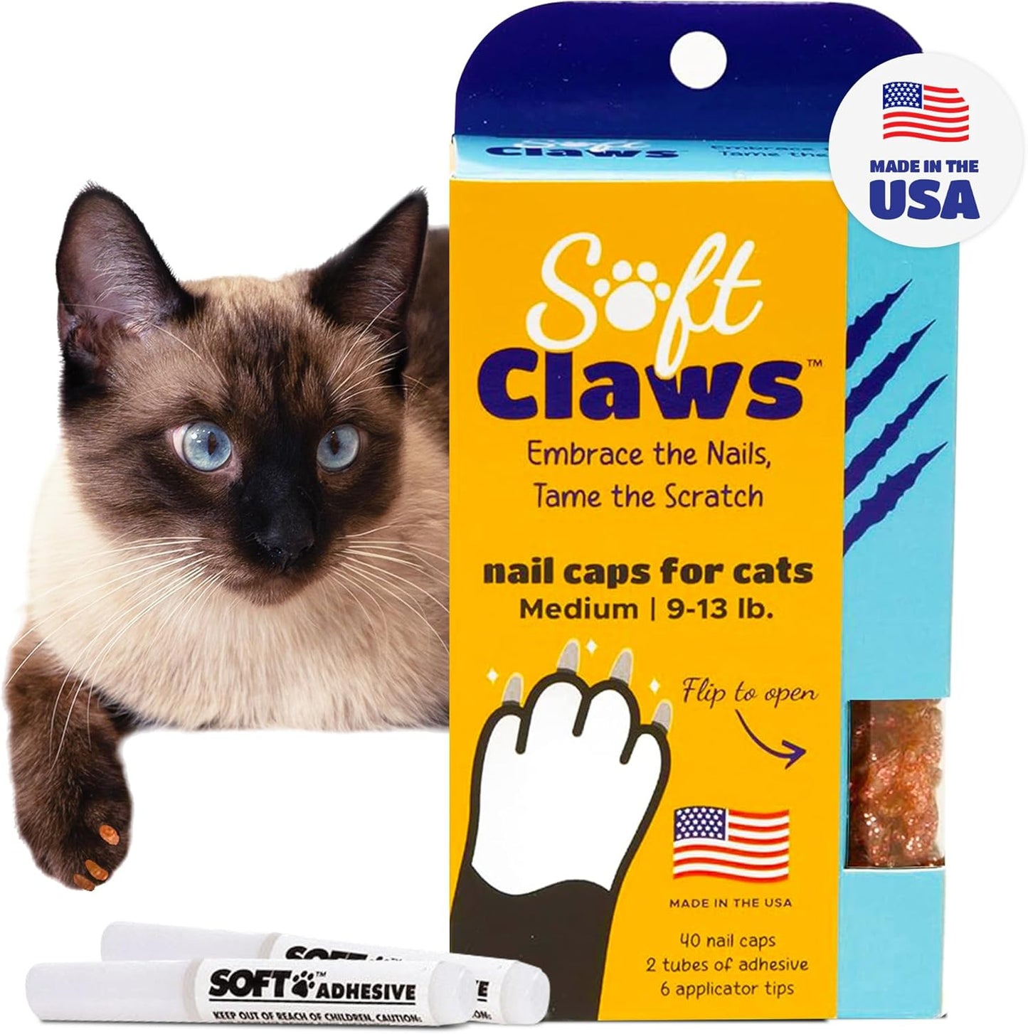 Soft Claws Cat Nail Caps for Medium Cats – (40 Caps, Pink Sparkle) - Made in USA - Veterinarian-Developed | Protects Furniture & Skin - Easy to Apply, Long-Lasting Anti-Scratch Soft Cat Claw Covers