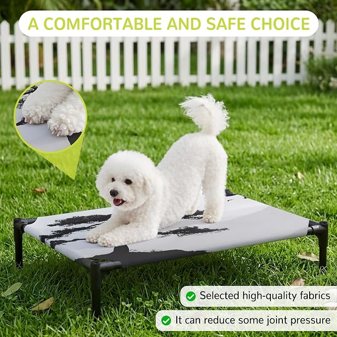 Outdoor Elevated Dog Bed for Large Dogs, Pine Trees Breathable Cooling Raised Dog Cot for Indoor/Outdoor, Modern Nature Foreset Mountains Birds Waterproof Elevated Pet Beds, L 28 x 22 in