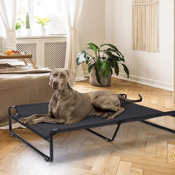 Veehoo Outdoor Elevated Dog Bed, Cooling Raised Dog Beds for Large Dogs | Washable Dog Cot with Headrest Sides, Non-Skid Feet, Breathable Mesh, Cooling Pet Hammock for Indoor or Camping, 59", Black
