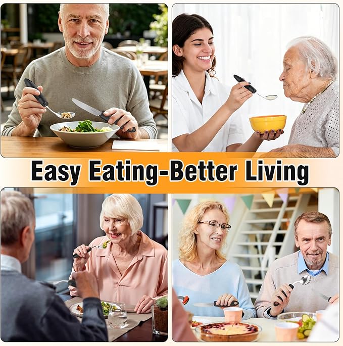 2.9oz Weighted Silverware for Hand Tremors, 45°Angled Adaptive Utensils for Elderly，4 Pack Parkinsons Utensils Aids for Weak Hand Grip, Arthritis (Right-Handed)