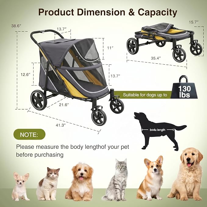 Dog Stroller for Medium/Large Dogs One-Click Folding, Extra Large Pet Stroller for 2 Dogs with Storage Pocket & Shock Absorption, Up to 130 lbs, Yellow