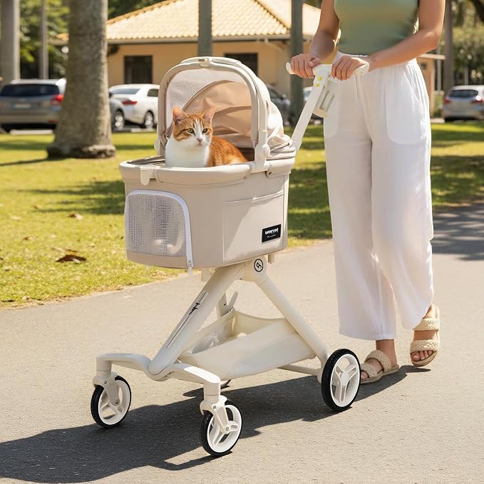 TT Pet Stroller for Small Dog & Cats (Beige) | Detachable Carrier, Aluminum Alloy Frame, Adjustable Handle, Easy Installation, One-Touch Brake, Larger Rear Wheels