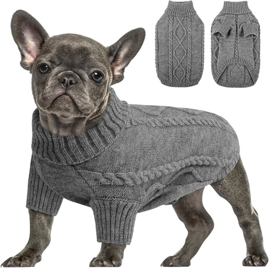 Queenmore Small Dog Pullover Sweater, Cold Weather Cable Knitwear, Classic Turtleneck Thick Warm Clothes for Chihuahua, Bulldog, Dachshund, Pug (Slate Grey, Small)