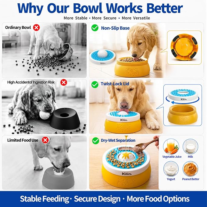 KILIN Dog Lick Bowl Slow Feeder - Non-Spill Dog Enrichment Toys, Lick and Roll Bowl 1 Cup/8 FL OZ, for Dogs with Bone Broth, Yogurt and Wet Puppy Treat, Interactive Licking Ball for Dogs with Anxiety