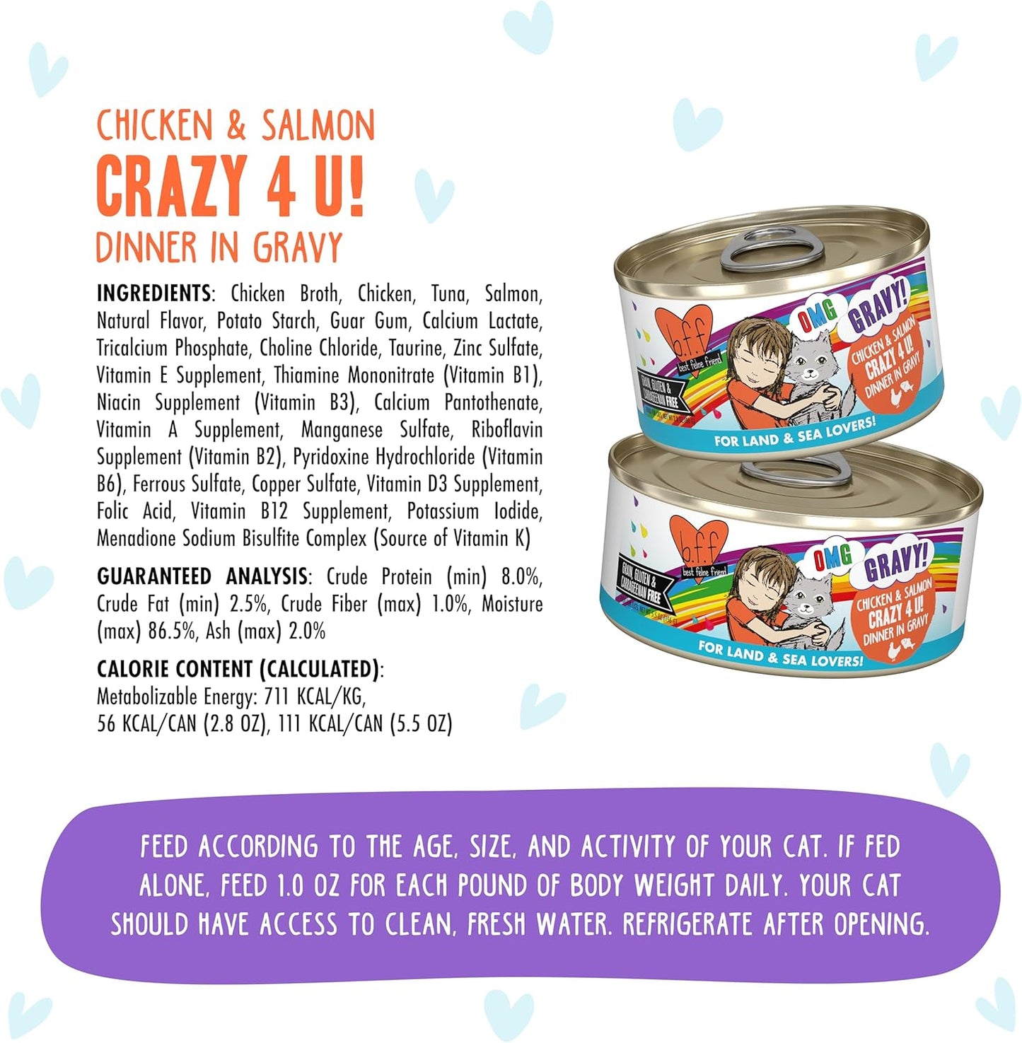 Weruva B.F.F. OMG - Best Feline Friend Oh My Gravy! Grain-Free Wet Cat Food Cans, Crazy 4 U! Chicken & Salmon, 2.8oz Can (Pack of 12)