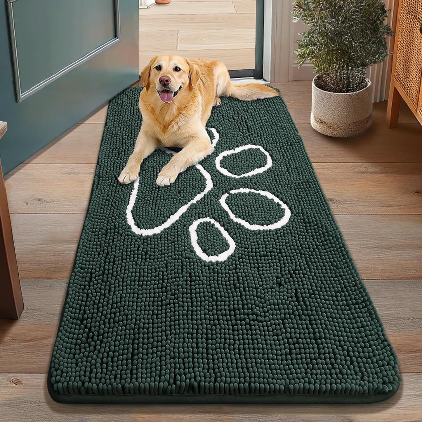 Smiry Dog Door Mat for Muddy Paws, Absorbent Dirt Trapper Non Slip Quick Dry Washable Chenille Mat for Mud Dogs, Entry Rug for Indoor and Outdoor (48x30 Inches, Green)