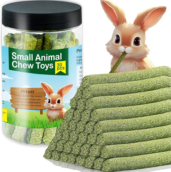 Timothy Hay Sticks for Rabbits & Guinea Pigs - 100% Natural Handmade Chew Treats for Dental Health, 30 Count Small Animal Treats for Chinchillas, Hamsters