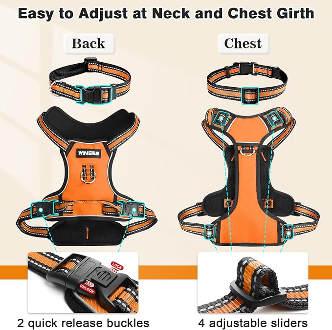 Dog Harness No Pull, Pet Harnesses with Dog Collar, Adjustable Reflective Oxford Outdoor Vest, Front/Back Leash Clips for Small, Medium, Large, Extra Large Dogs, Easy Control Handle for Walking