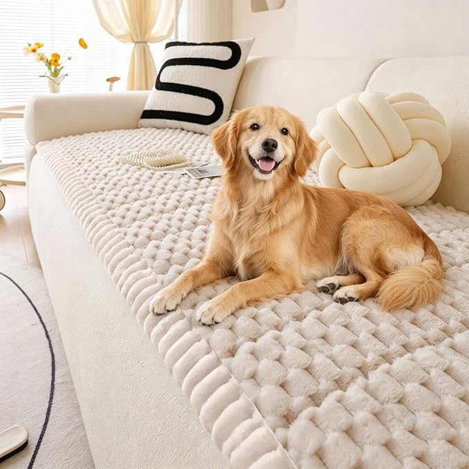 OTOB Couch Covers for Sofa Pet Friendly, Washable & Non Slip Fuzzy Dog Couch Cover Love Seat Sofa Slipcovers Cushion Mat, Cozy Soft All Seasons Plush Furniture Protector (Cream, 27.6" x 59.1")