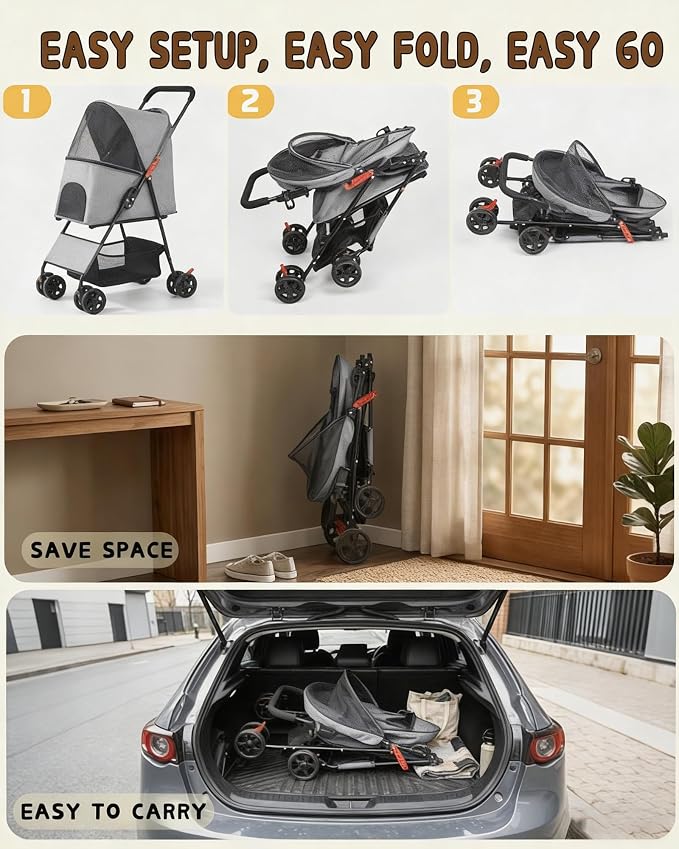 Pet Stroller for Small Medium Dogs Cats - Lightweight Foldable Dog Stroller | 33lbs, 4 Wheels All Terrain Cat Stroller, Breathable Mesh & Safety Tether, Storage Basket for Outdoor Walks-GRAY