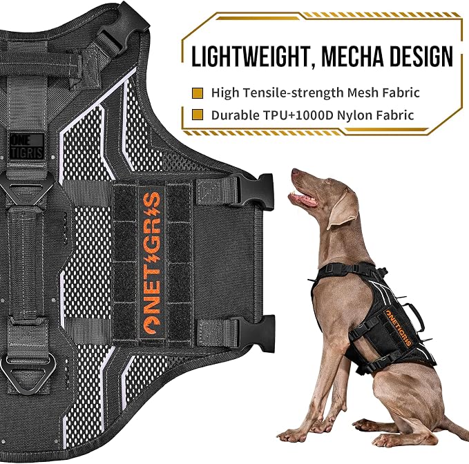 OneTigris Tactical Dog Harness for Large Dogs, Adjustable Tactical Dog Harness with Handles, Reflective Vest Heavy Duty & Breathable Military Assistance Vest with No Pull Buckle, Black