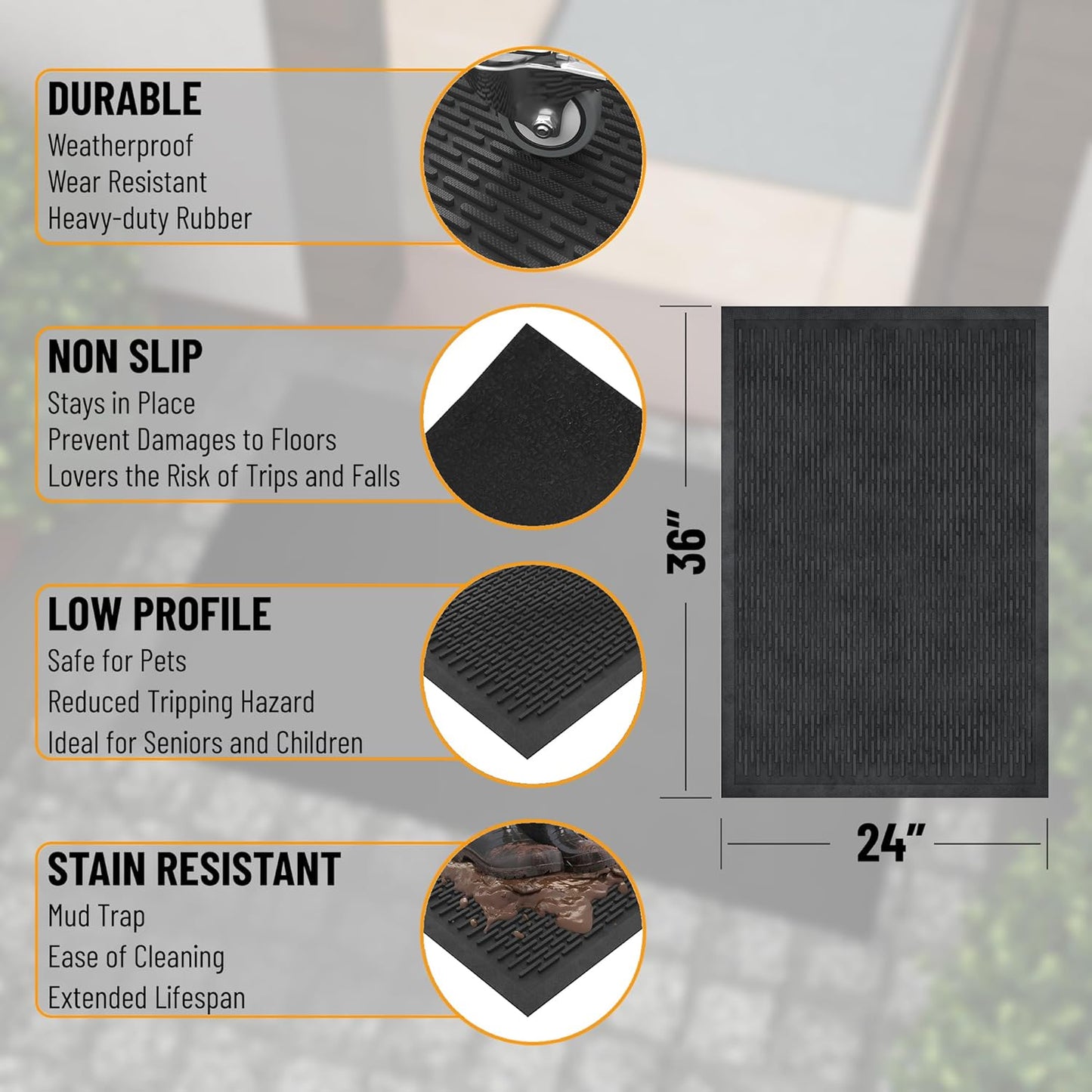 Indoor/Outdoor Hose-Wash Ribbed Design Non-Slip Rubber 2x3 Modern Entryway Mat for Entryway, Patio, Backyard, Garage, 24" x 36", Black Ribbed