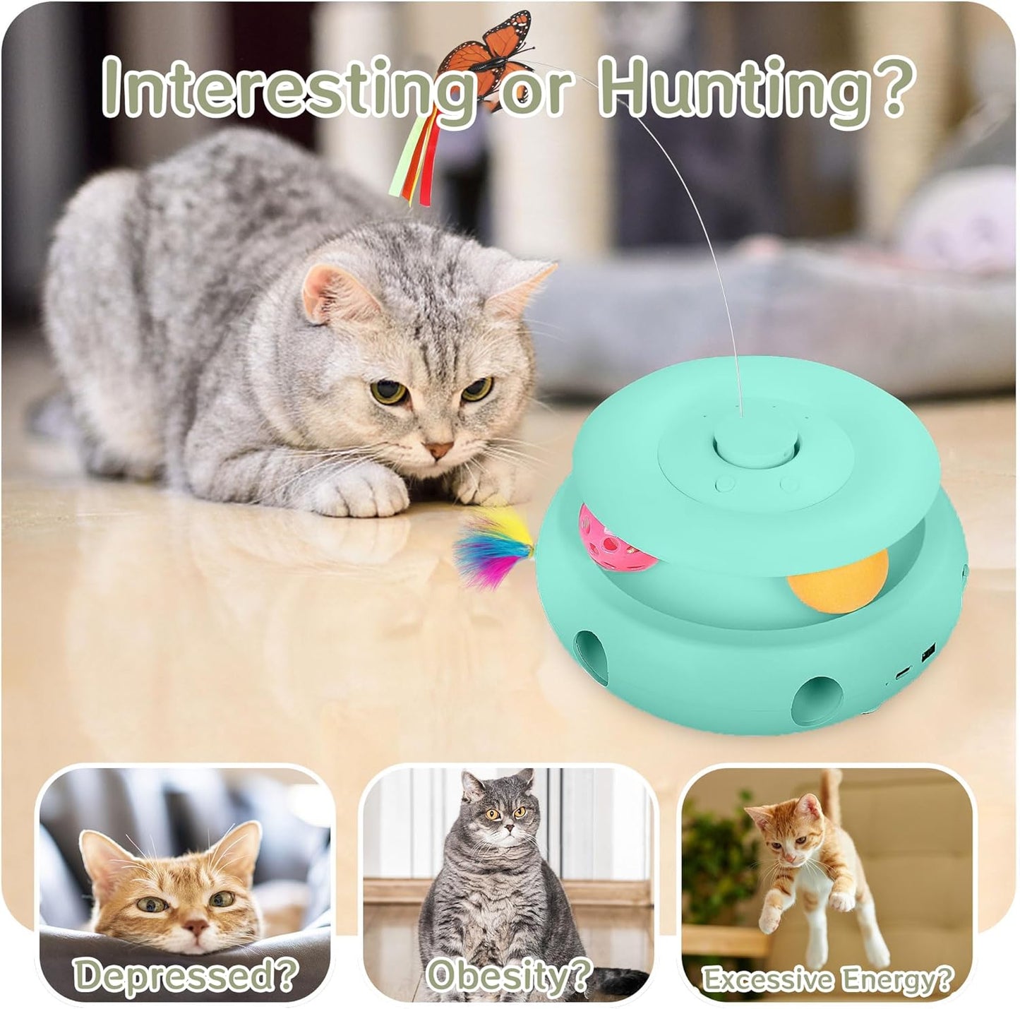Cat Toys,3-in-1 Interactive Cat Toys for Indoor Cats,Rechargeable Automatic Interactive Cat Toy with Fluttering Butterfly,Smart Sensor 6 Holes Mice Whack-A-Mole and Track Balls,Blue