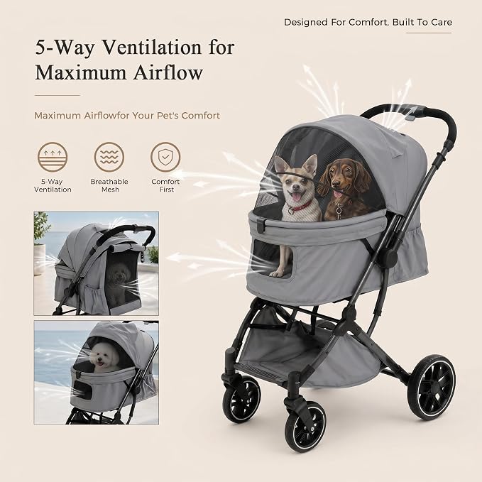 MUTTROS Pet Stroller for Small Medium Dogs & Cats Up to 66lbs, One Click Fold Dog Stroller, Large Cat Stroller w/All Terrain Shock Absorbing Wheels, Reversible Handle, Removable Washable Pad, Grey