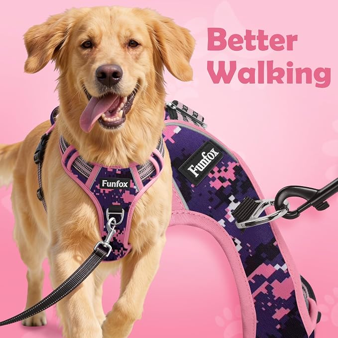 Dog Harness No Pull, Adjustable Pet Vest Harness, Super Soft Material with Vertical Handle Easy Control, Reflective Night Walking, 2 Leash Clips for XLarge Dogs, Mosaic Pink, XL