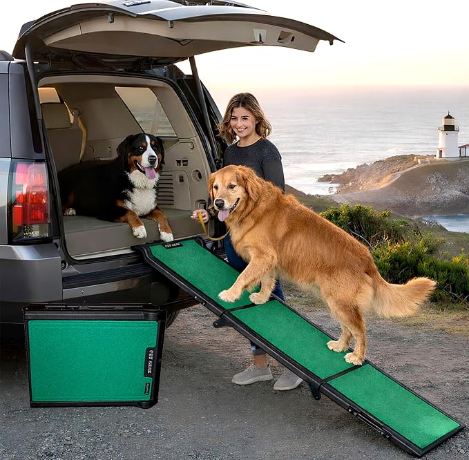 Pet Gear Tri-Fold Portable Pet Ramp for Dogs/Cats, 71", Green - supertraX | Extra Wide, Holds up to 200lbs, Compact/Easy Fold with Safety Tether