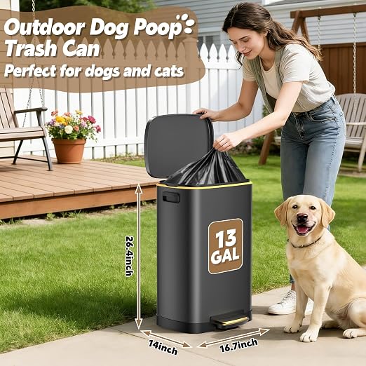 Outdoor Dog Poop Trash Can (13 Gal/50L) - Waterproof Stainless Steel Step Dog Waste Container with Odor-Locking Lid & Free Liners for Patio & Backyard