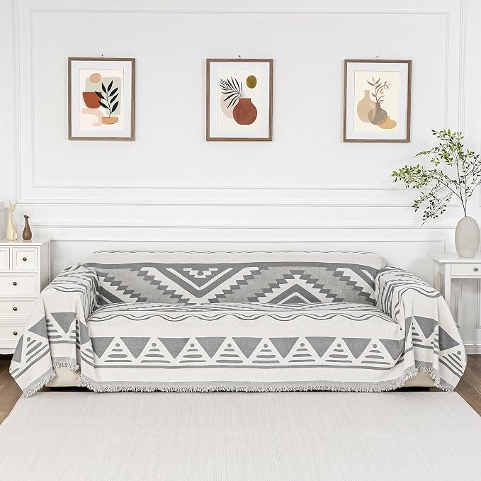 MYSKY HOME Sectional Couch Cover Grey Boho Geometric Sofa Covers for Sectional Sofa L Shape Chenille Couch Protector for Dogs Pets Couch Throw Cover Washable Durable for Home Decor, 71" X118"