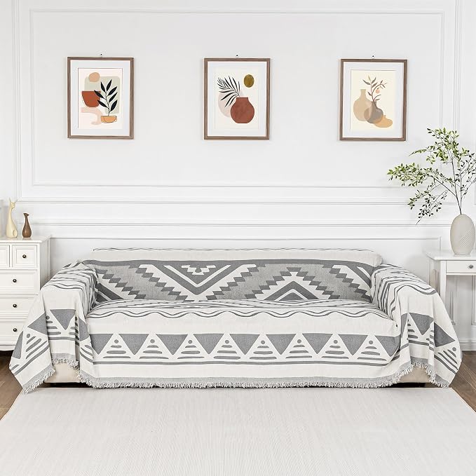 MYSKY HOME Boho Couch Cover for Dogs Washable Grey Rhombic Couch Sofa Protector for Loveseat Sofa with Pets Friendly Chenille Geometric Sofa Covers Soft Durable Farmhouse Sofa Slipcovers, 71" X102"