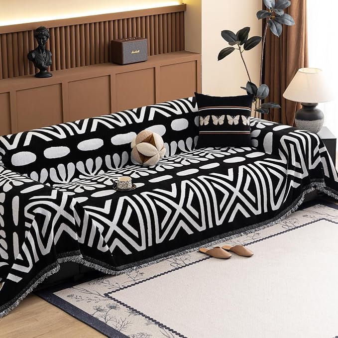 VClife Minimalism Tribal Couch Cover Non Slip White Black Geometric Jacquard Sofa Cover Washable Bohemian Style Aztec Couch Slipcover for Sectional Couch Chenille Furniture Protector 71''x134''