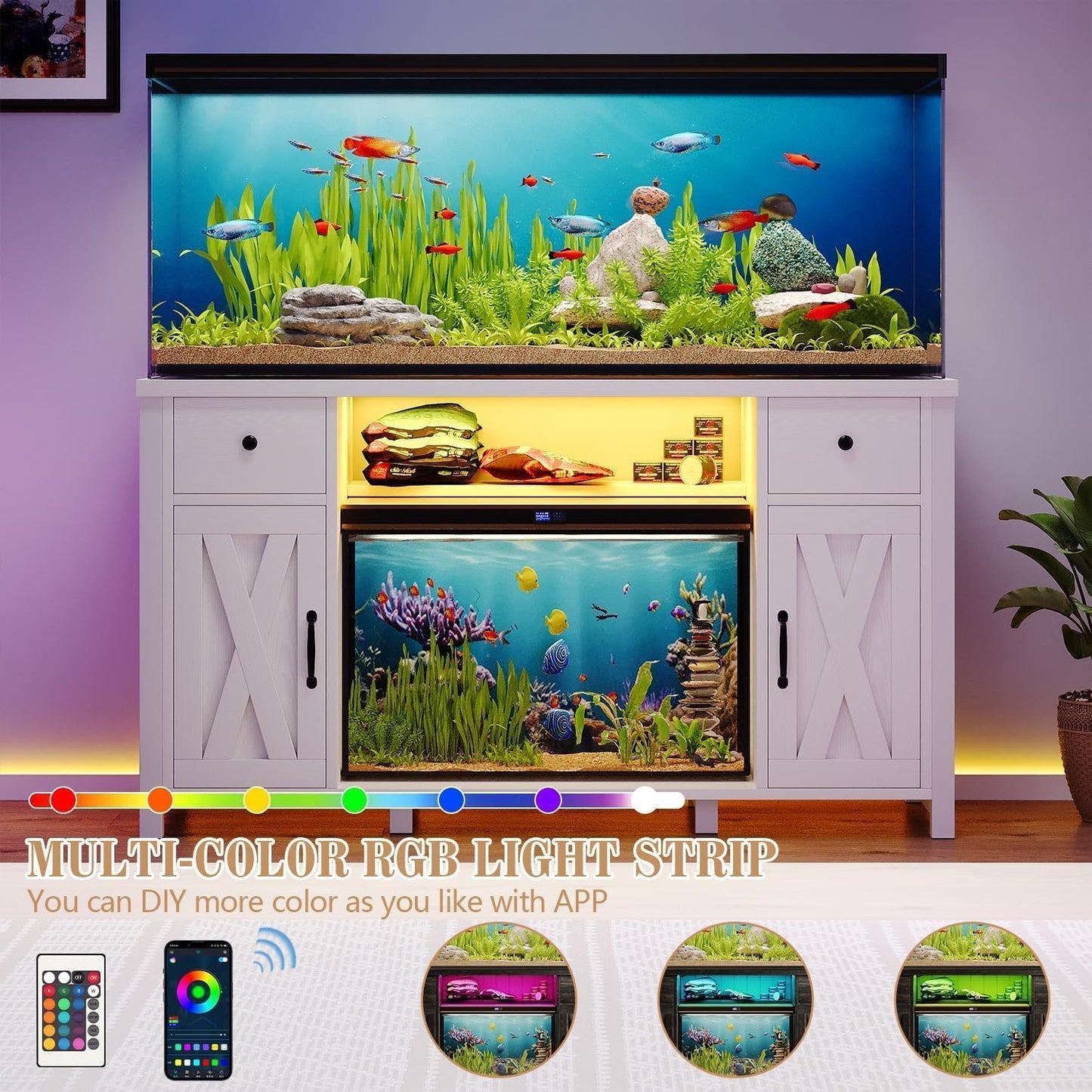 75 Gallon Fish Tank Stand with LED Light & Power Outlets, 55-75 Gallon Aquarium Stand with 2 Drawers & 2 Barn Doors, 52" L x 20" W Cabinet for 2 Fish Tank Accessories Storage, Turtle Tank, White
