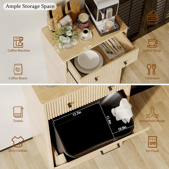 10 Gallon Tilt Out Trash Can Cabinet with Drawer - Modern Fluted Hidden Garbage Bin Holder, Curved Edge Wooden Laundry Hamper Cabinet, Natural Oak