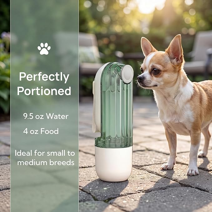 Portable Dog Water Bottle with Food Container, 2-in-1 Pet Water Dispenser & Travel Bowl, Leak-Proof Puppy Water Bottle for Small Dogs & Cats, Perfect for Walking, Hiking, Dog Mom Gifts（Green