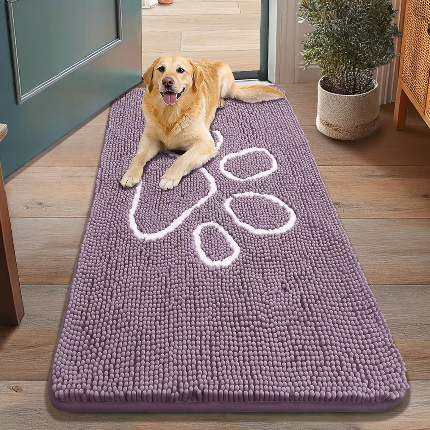 Smiry Dog Door Mat for Muddy Paws, Absorbent Dirt Trapper Non Slip Quick Dry Washable Chenille Mat for Mud Dogs, Entry Rug for Indoor and Outdoor (48x30 Inches, Deep Plum)
