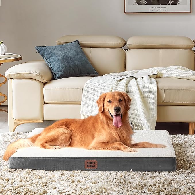 EHEYCIGA Orthopedic Dog Bed Large with Removable Washable Cover, 44IN Beige | Egg Crate Foam Support, Durable Oxford fabric, Non-Slip Bottom, Machine Washable, Soft Waterproof Plush Pet Bed Mat For Crate