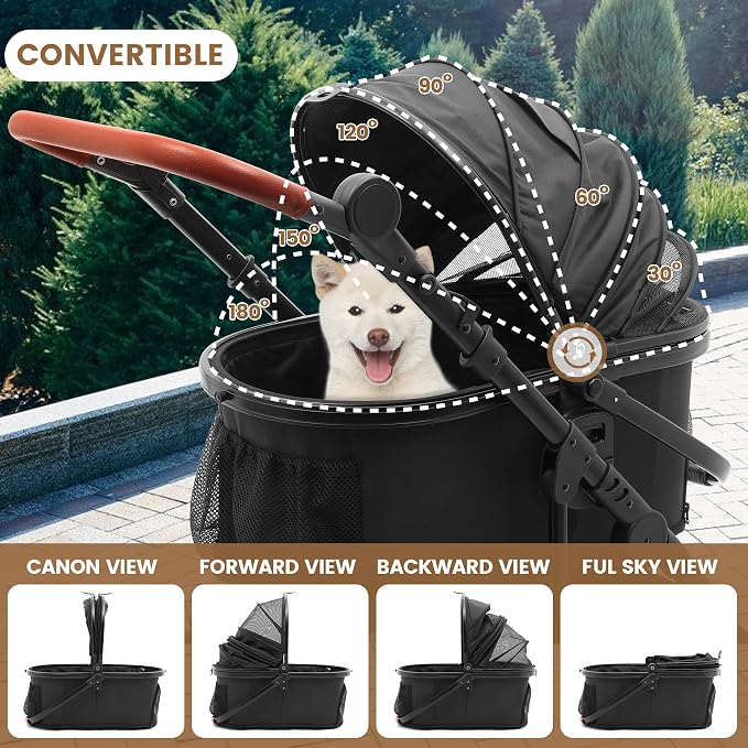 Bicystar Dog Stroller with Detachable Carrier, Rubber Wheels, 50 lbs, Black | 3-in-1 stroller and car seat, real solid rubber wheels, fits 2 small or 1 medium pet, foldable frame