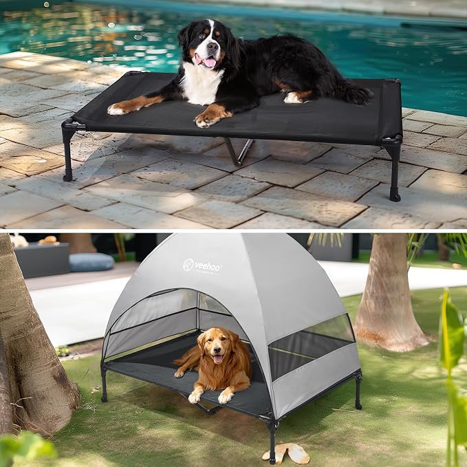 Veehoo Outdoor Dog Bed with Canopy, Cooling Elevated Dog Shade for Outside | Portable Raised Dog Cot with Removable Shade, Sun Protection Dog Tent Outdoor for Camping, Beach, 49" x 42.5", Black