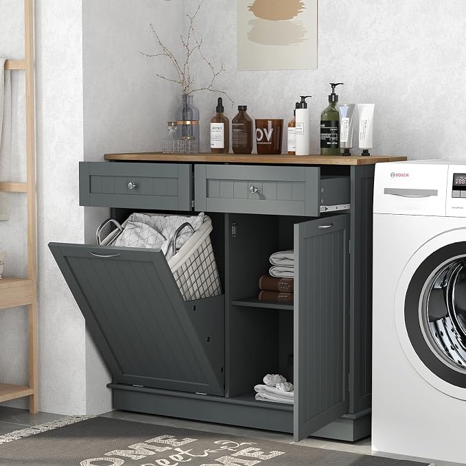 POWERSTONE Hidden Tilt Out Trash Cabinet Kitchen Island with 2 Drawers & Adjustable Shelf, Rubber Wood Countertop, Freestanding Laundry Hamper Recycle Bins, Pet Proof Garbage Can Holder Grey