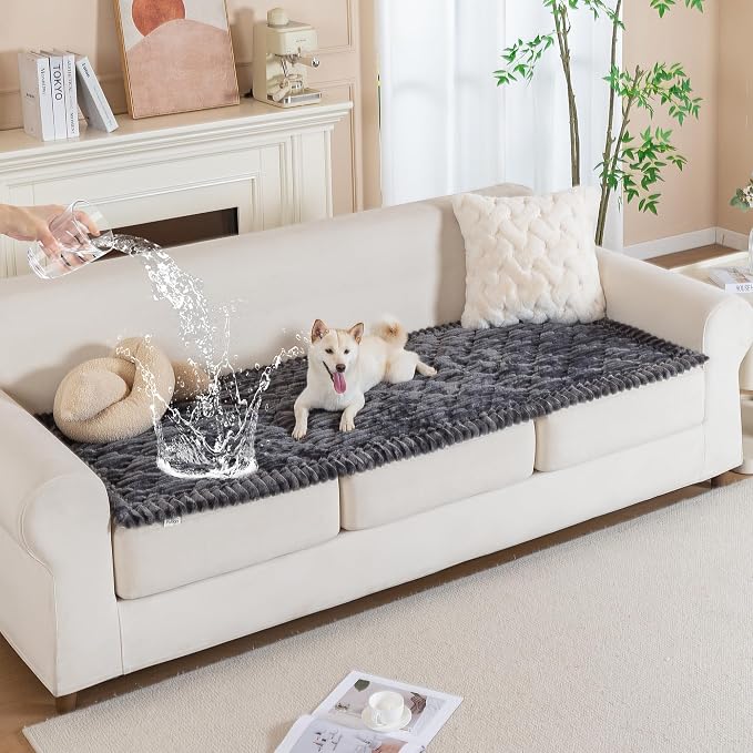 PuTian 100% Waterproof Fuzzy Couch Cover for Dogs Dark Grey 27.6"x59" | Pet Friendly Dog Mat for Couch, Waterproof Sofa Protector, Scratch Resistant Furniture Cover for Dogs, Machine Washable