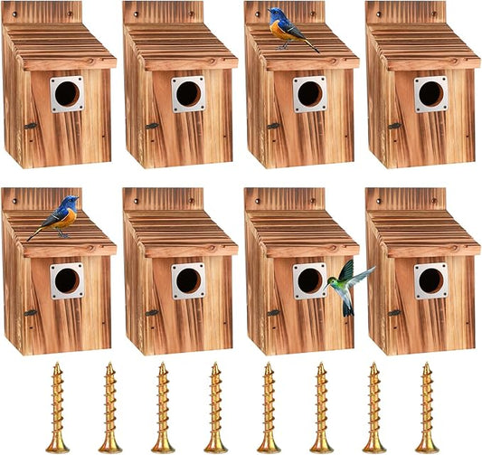 8-Piece Outdoor Bird House Set, Bird Houses for Outside with Metal Guards, Safety Locks, Flight Slots, & Ventilation, Bluebird Houses with 1-1/2" Entrance for Bluebirds, Wrens, Finches