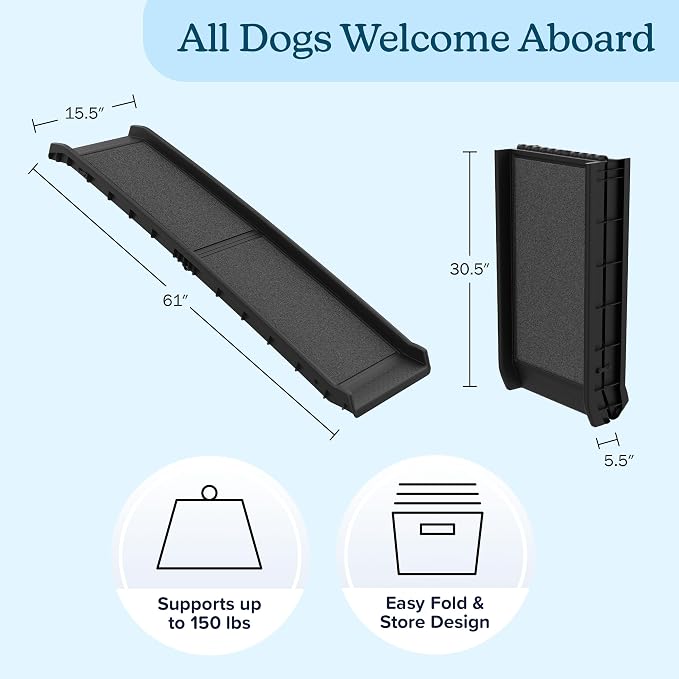 Dog Ramp - Folding, Nonslip Pet Ramp for Dogs to Get into Cars, Trucks, SUVs, or RVs - Portable Pet Ramps with Raised Side by PETMAKER, 61"L x 15.5"W x 5.5"H,(Black) | Folding Dog Slope for Car, Truck, SUV, or RV, Portable Ramps for Large Pets with Non...