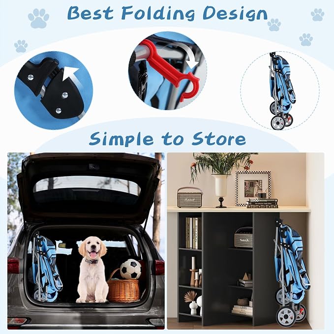 Pet Stroller for Small Medium Dogs & Cats,3-Wheel Breathable Compact Foldable Dog Carrier with Storage Basket, Outdoor Portable Lightweight Travel Stroller for Camping,Blue