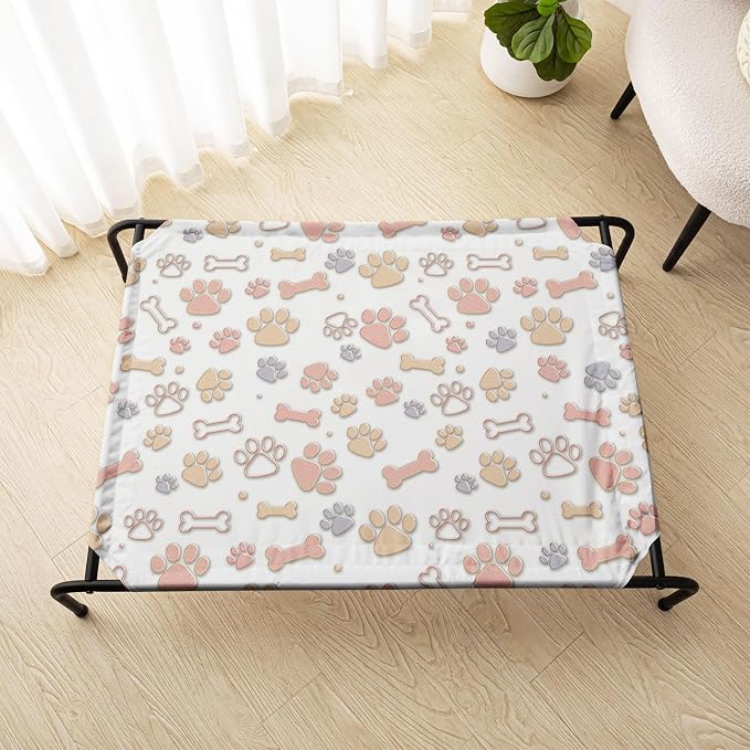 QOOMO Elevated Dog Bed with Cooling Fabric, Pet Cot for Small and Big Dogs, Indoor and Outdoor Use, Joint Relief, Cute Printed Cushion Included (Orange Paw Prints, 35.43" L*25.59" W*8.27" Th)