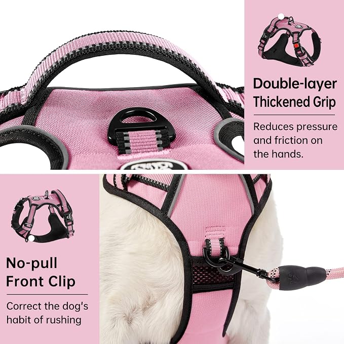 IVY&LANE No Pull Dog Harness for Small Dogs, Dog Vest Harness with Leash, Safety Belt and Storage Strap, Fully Adjustable, 360° Reflective Strip, Soft Handle (Pink, S)