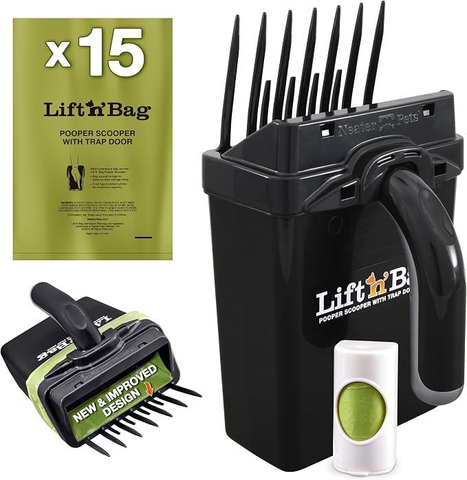 Neater Pet Brands Lift N’ Bag 2.0 Dog Pooper Scooper with Bag Attachment for Small to Large Dogs, New & Improved Design, 15 Refill Bags, Heavy Duty Dog Poop Scooper for Yard & Walks, One-Hand Use