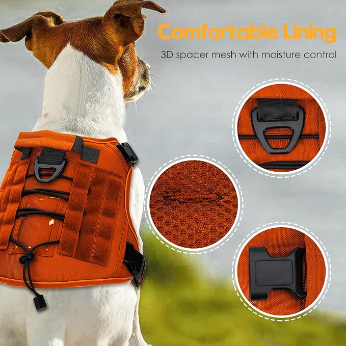 Heavy-Duty Tactical Dog Harness for Large Dogs, No Pull Adjustable Reflective Pet Vest with Molle System, K9 Military-Grade Control for Service Training, Outdoor & 10+ Breeds, Orange, Small